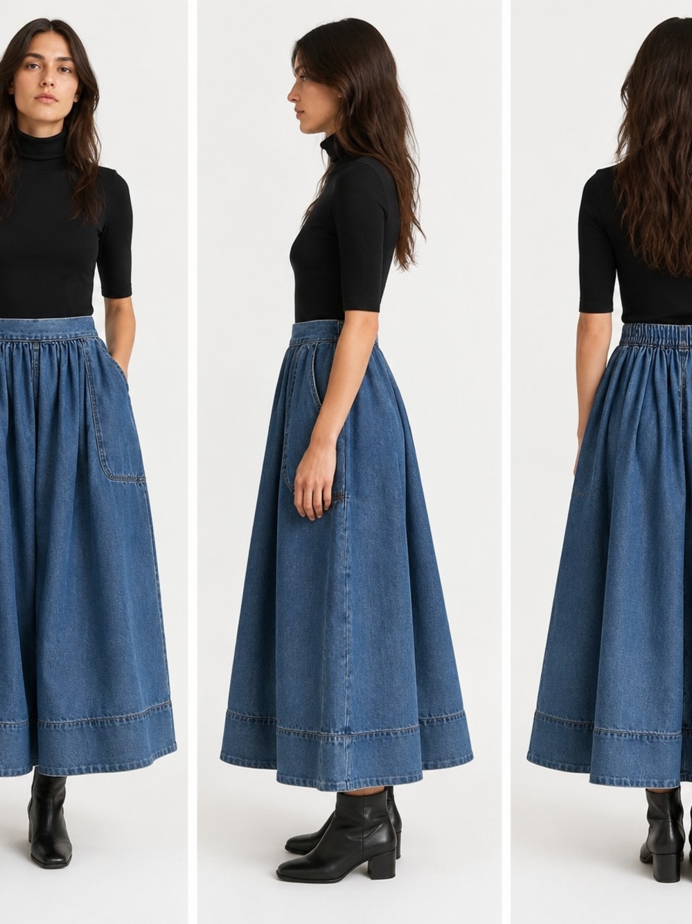 COS Medium Blue Denim Maxi Skirt with Gathered Waist